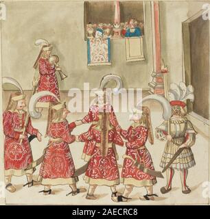 Deutsches Gemälde aus dem 16. Jahrhundert um 1515 mit dem Titel „Maskerade“, das maskierte Figuren in Kostümen zeigt, die auftreten, interagieren, mit dekorativem Hintergrund und Renaissance-Stil. Stockfoto