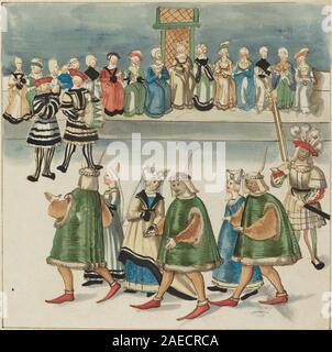 Eine deutsche Maskerade um 1515, die maskierte Teilnehmer in aufwendigen Kostümen darstellt, die festliche und gesellschaftliche Ereignisse des 16. Jahrhunderts repräsentieren. Stockfoto