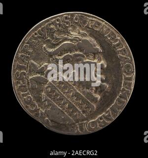 Der satirische Kopf eines Papstes ist eine deutsche Medaille aus dem 16. Jahrhundert um 1540, die eine karikierte päpstliche Figur auf der Vorderseite zeigt, die Stiche, Ikonographie und stilistische Details zeigt. Stockfoto