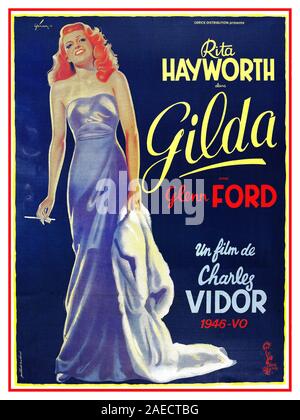 Vintage 1940er Jahre Filmplakat GILDA unter der Regie von Charles Vidor mit Rita Hayworth, Glenn Ford und George Macready französischer Film Noir-Klassiker Columbia Pictures. Stockfoto