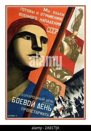 Jahrgang 1930 Sowjetunion UDSSR russische Poster Valentina Kulagina. International arbeitende Womans Day - Tag der Kämpfe des Proletariats 1931. Valentina Kulagina, vollständiger Name Valentina Nikiforovna Kulagina-Klutsis ein russischer Maler Buch Poster und Ausstellung Designer. Sie war eine zentrale Figur in der Konstruktivistischen Avantgarde im frühen 20. Jahrhundert Stockfoto