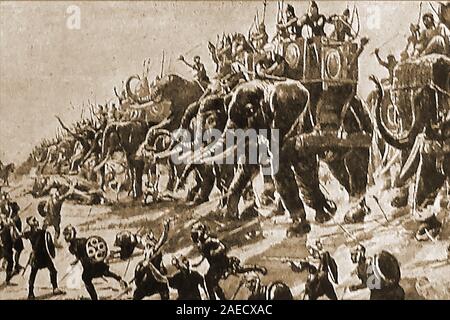 Schlacht von Zama (Tunesien) aka Kampf der Elefanten (202 v. Chr.), eine Schlacht zwischen den Kräften der Roamn Scipio und Hanibal, dass Söldner aus vielen Ländern, darunter Spanien, Gallien (Frankreich), Ligurien beteiligt, und auch die Balearischen Inseln. Stockfoto