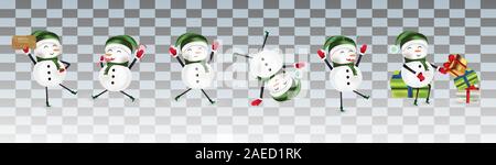Sammlung lustiger Fröhlicher Snowmans. Süße Weihnachten snowmans auf transparentem Hintergrund isoliert. Weihnachten Zeichen. Schneemann mit Geschenk vorhanden Stock Vektor