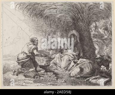 Dieses Gemälde von Giovanni Domenico Tiepolo aus dem Jahr 1752 zeigt die Heilige Familie, die während des Fluges nach Ägypten ruht, mit Josef in Anbetung, mit Figuren, Gesten, Landschaft und venezianischem Malstil aus dem 18. Jahrhundert. Stockfoto