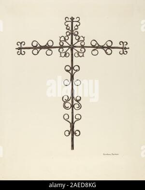 Ein restauriertes, schmiedeeisernes Kreuz von Gordena Jackson, um 1938, das Metallverarbeitungstechniken, Eisenmaterial, Kreuzdesign zeigt. dekorative Details und historische Restaurierungsmethoden. Stockfoto