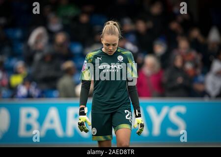 Kingston, UK. 08 Dez, 2019. Torwart Ellie Roebuck des Menschen Stadt Frauen während der FAWSL Match zwischen Chelsea und Manchester City FC Frauen Frauen im Cherry Red Records Stadion, Kingston, England am 8. Dezember 2019. Foto von Andy Rowland. Credit: PRiME Media Images/Alamy leben Nachrichten Stockfoto