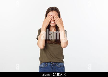 Nahaufnahme Foto schöne Dame arme Hände ausblenden hob erstaunt die Augen voller Furcht Gesichtsausdruck scary movie hasse Thriller. Stockfoto