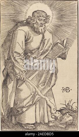Gemälde mit dem Apostel Judas Thaddeus, mit Gesichtsausdruck, Geste, Kleidung und religiöser Ikonographie. Zugeschrieben von Hans Baldung Grien, datiert 1519, illustriert die deutsche religiöse Kunst und den Stil der Renaissance des frühen 16. Jahrhunderts. Stockfoto
