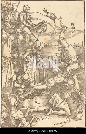 Dieses Gemälde von Hans Baldung Grien aus dem Jahr 1507 zeigt den ans Kreuz genagelten Christus mit einer Figur, Kreuzigungsstellung, Händen, Füßen, und umliegende symbolische Elemente, die typisch für die religiöse Kunst der deutschen Renaissance des frühen 16. Jahrhunderts sind. Stockfoto