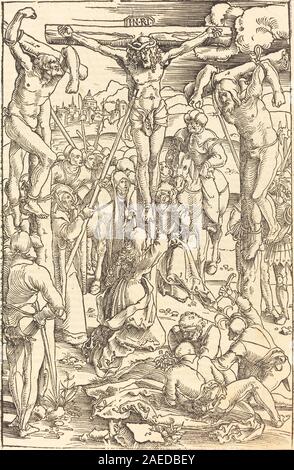 Ein Gemälde von Hans Baldung Grien aus den Jahren 1505–1507, das Christus am Kreuz zeigt. Das Kunstwerk zeigt die Kreuzigung, Figuren, Vorhänge, expressive Gesichter und den religiösen Stil der deutschen Renaissance des frühen 16. Jahrhunderts. Stockfoto