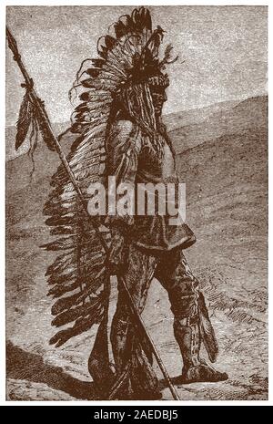 Historische pawnee Chief stehend in einer Landschaft und trug eine Federhaube und halten einen Speer. Abbildung: Nach einem Stich aus dem 19. Jahrhundert Stock Vektor