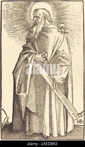 Gemälde des Heiligen Simon mit Gesichtszügen, Körperhaltung, Kleidung und religiösen Attributen. Zugeschrieben von Hans Baldung Grien, datiert 1519, illustriert religiöse Porträts der deutschen Renaissance des frühen 16. Jahrhunderts. Stockfoto
