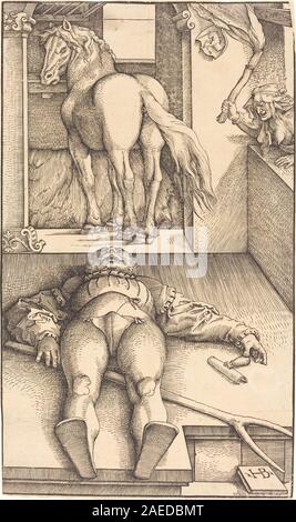 Gemälde mit dem verzauberten Bräutigam, das die zentrale männliche Figur, Gesichtsausdrücke, Gesten, Kleidung und symbolische Elemente zeigt. Zugeschrieben von Hans Baldung Grien, datiert 1544, repräsentiert die deutsche Renaissanceerzählung und allegorische Kunst. Stockfoto