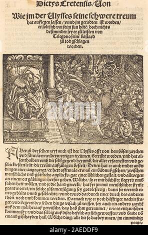 Bildseite aus dem Troianischen Kreig von Hans Weiditz II., gedruckt 1536 in Ausberg. Die Seite enthält Holzschnitt-Illustrationen, die Szenen aus dem Trojanischen Krieg zeigen, Figuren, Schlacht und klassische Rüstungen. Stockfoto