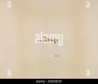 Ein kleiner Uhrenschlüssel aus Metall von Harry Grossen um 1938, der für Taschenuhren und ähnliche Uhren verwendet wurde. Das Objekt ist zylindrisch mit einem funktionalen Ende, das in einen Uhrmechanismus eingefügt werden kann. Stockfoto