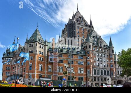 Quebec City, Kanada - 11 August, 2019: Die historischen und Grand Chateau Frontenac ist ein National Historic Site, die im Jahre 1893 erbaut wurde. Stockfoto