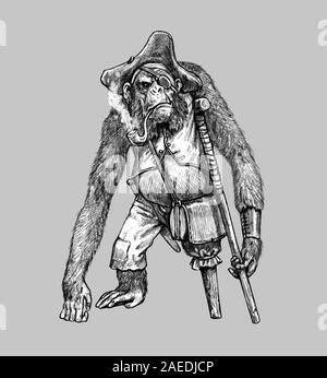 Lustige schimpanse Pirat. Big ape mit einem Rohr. Schimpanse Abbildung. Stockfoto