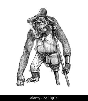 Lustige schimpanse Pirat. Big ape mit einem Rohr. Schimpanse Abbildung. Stockfoto