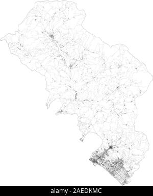 Sat-Karte der Provinz Massa-Carrara, Städte und Straßen, Gebäude und Straßen der Umgebung. Toskana, Italien. Karte Straßen, Ring Road Stock Vektor