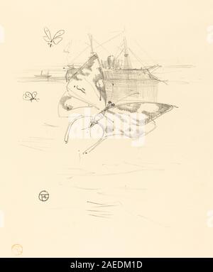 Henri de Toulouse-Lautrecs Lithografie „Les Papillons“ aus dem Jahr 1895 zeigt Figuren und Bewegungen und betont dabei Kostüm, Haltung, Gesichtsausdruck, Komposition, und französischer Illustrationsstil des späten 19. Jahrhunderts. Stockfoto