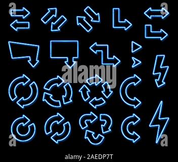 Neonlicht, 3d-Pfeil Vektor auf schwarzen Hintergrund. Blau leuchtende Zeiger Kreis Richtung Symbol. Nacht elektrische leuchtendes Zeichen mit Reflexion. Helle Stock Vektor