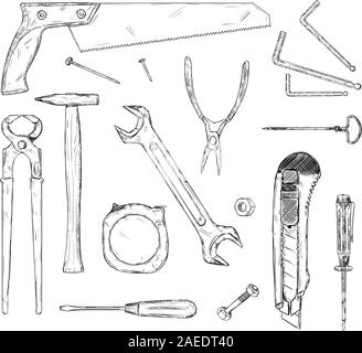 Vektor hand gezeichnete schwarz-weiß Abbildung: Satz von Tools. Hammer, Schraubenschlüssel, Säge, Zange, Schraubendreher, Maßband und mehr. Stock Vektor