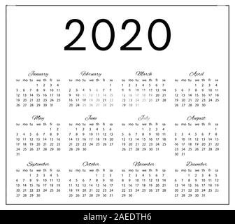 2020 einfache schwarz-weiß Kalender. Stock Vektor