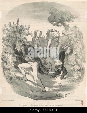 Diese Lithografie aus dem 19. Jahrhundert von Honoré Daumier mit dem Titel Ah! Saperlotte! The Trauben are not good this Year!, zeigt eine humorvolle Szene von Menschen, die auf schlechte Traubenqualität reagieren, mit ausdrucksstarken Gesichtsausdrücken, Gesten und sozialen Kommentaren, die für Daumiers satirische Arbeit charakteristisch sind. Stockfoto