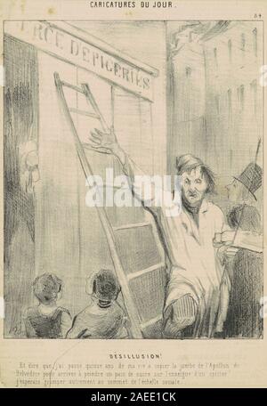 Diese Lithografie aus dem 19. Jahrhundert von Honoré Daumier, „Désillusion!“, zeigt einen Mann, der enttäuscht ist, und hebt den menschlichen Ausdruck, die Geste und den Kommentar zu sozialen und persönlichen Erwartungen im Frankreich des 19. Jahrhunderts hervor. Stockfoto