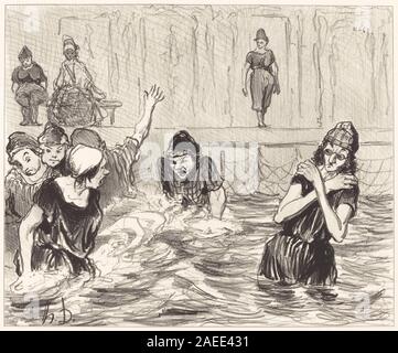 Les Barbotteuses, das 1847 von Honoré Daumier geschaffen wurde, zeigt Frauen, die im Wasser waschen oder waten, wobei der Schwerpunkt auf Körperhaltung, Geste, Gesichtsausdruck und Interaktion liegt. Die Lithografie betont die tägliche Arbeit und das soziale Umfeld. Stockfoto