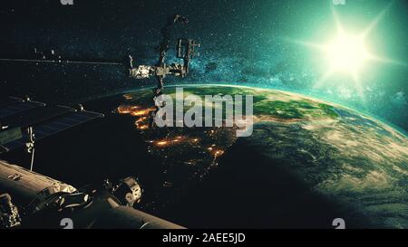 Die ISS umkreist den realistischen Planeten Erde. Internationale Raumstation Erkunden Sie die Oberfläche und Atmosphäre des Globus mit Antennenausrüstung. 3D-Rendern der Bewegungssimulation. 4K Dieses Bild wurde von der NASA bereitgestellt Stockfoto