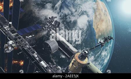 Nahaufnahme der ISS, die einen realistischen Erdball umkreist. Die Internationale Raumstation rotiert über der Planetenoberfläche mit Festland und Ozean. 3D-Rendern der Bewegungssimulation. 4K Dieses Bild wurde von der NASA bereitgestellt Stockfoto