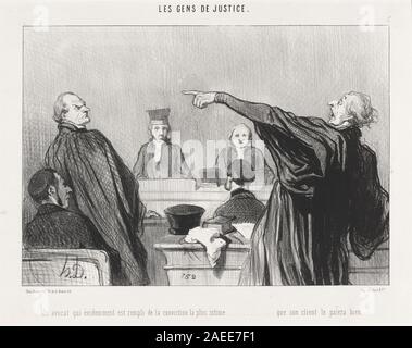 Eine Lithografie von Honoré Daumier aus dem Jahr 1845 mit dem Titel „UN avocat qui EST rempli de la Constration intime“, die einen Anwalt zeigt, der starke Überzeugung ausdrückt, Gesten, Haltung, Kleidung, Gesichtsausdruck zeigt, und Gerichtssaal oder sozialer Kontext der Periode. Stockfoto