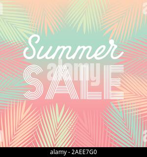 Summer Sale tropisches Paradies, Strand, Hintergrund mit Palmblättern. Stock Vektor
