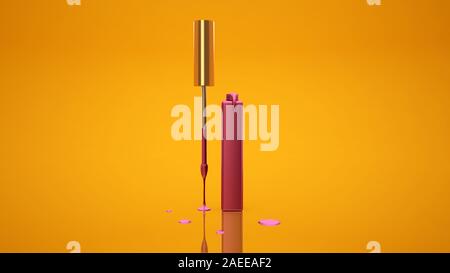 Gelber Hintergrund mit Lipgloss und eine Bürste für die Anwendung der Verfassung. Kosmetik, Beauty, Mode, Make-up, Make-up, Lippenstift. 3D-Rendering, 3D-Darstellung Stockfoto