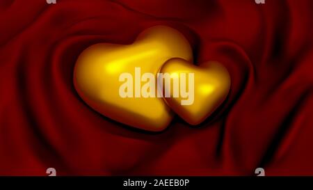 Luxury Hintergrund Valentinstag mit gold Herzen auf rotem Tuch. 3D-Rendering, 3D-Darstellung. Stockfoto