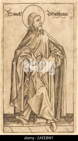 Matthias, um 1470-1480 von Israhel van Meckenem nach Meister es, stellt den Apostel mit Haltung, Geste, Vorhänge, Gesichtsausdruck und nordeuropäischem Stich des späten 15. Jahrhunderts dar. Stockfoto