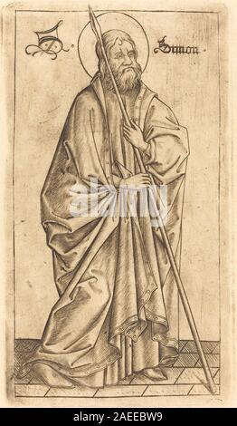 Dieser Stich von Israhel van Meckenem nach Meister es, um 1470–1480, zeigt den heiligen Matthäus und den Heiligen Thomas, mit religiösen Figuren, Gesten, Vorhängen, Komposition, und die Druckerei im späten 15. Jahrhundert im Norden der Renaissance. Stockfoto