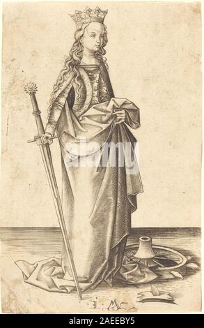 Die Heilige Katharina, die um 1480-1490 von Israhel van Meckenem eingraviert wurde, zeigt die heilige mit traditionellen ikonographischen Attributen wie Rad und Palme. Das Werk betont Gesichtsausdruck, Vorhänge, Gesten und religiöse Symboliken, die für europäische Stiche des späten 15. Jahrhunderts charakteristisch sind. Stockfoto