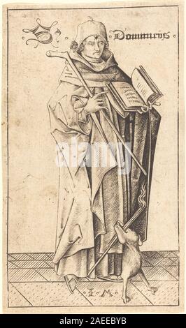 Der heilige Dominikus, um 1470, von Israhel van Meckenem, zeigt den Gründer des Dominikanerordens mit religiöser Kleidung, Halo, Gesten und Attributen, die mit Predigt und Hingabe in nordeuropäischen Stichen des späten 15. Jahrhunderts verbunden sind. Stockfoto