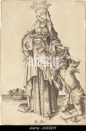 Dieser Kupferstich von Israhel van Meckenem, um 1475–1480, zeigt die Heilige Elisabeth von Thüringen, zeigt religiöse Figur, Gesten, Kleidung, frommen Ausdruck, Komposition und Druckerei der nördlichen Renaissance des späten 15. Jahrhunderts. Stockfoto