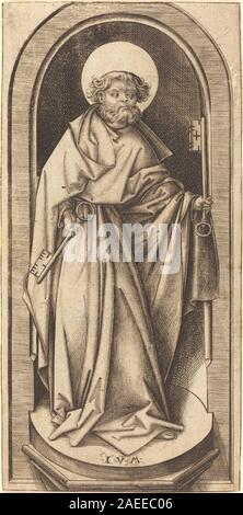 Dieser Kupferstich von Israhel van Meckenem, um 1490–1503, zeigt den Heiligen Peter mit traditionellen Attributen wie Schlüssel, Gewand und Halo und spiegelt die religiöse Ikonographie des späten 15. Bis frühen 16. Jahrhunderts wider. Stockfoto