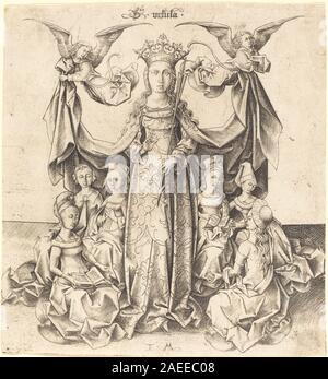 Die Heilige Ursula und ihre Jungfrauen, um 1475–1480, von Israhel van Meckenem, zeigt die legendäre heilige in Begleitung ihrer weiblichen Dienerinnen mit detaillierten Gesten, Kleidung und nordeuropäischem Druckstil des späten 15. Jahrhunderts. Stockfoto