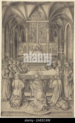 Die Gregoriumsmesse von 1490 bis 1500 von Israhel van Meckenem zeigt die religiöse Zeremonie des heiligen Gregors mit detaillierten klerikalen Figuren, Gesten, eucharistischen Elementen und nordeuropäischem Druckstil des späten 15. Jahrhunderts. Stockfoto