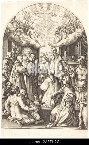 Radierung von Jacques Callot aus dem Jahr 1608-1611, die den Tod des Heiligen Benedikt darstellt, mit Figuren, Gesten, Ausdruck und umgebenden Elementen. Stockfoto