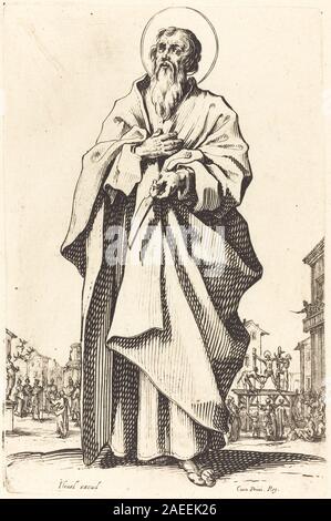 Eine Radierung von Jacques Callot, die den Heiligen Bartholomäus darstellt, mit Gesten, Haltung, Kleidung und religiösen Attributen. veröffentlicht im Jahr 1631. Stockfoto