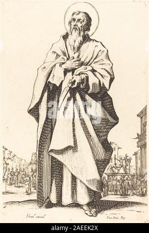 Eine Radierung von Jacques Callot, die den Heiligen Bartholomäus darstellt, mit Gesten, Haltung, Kleidung und religiösen Attributen. veröffentlicht im Jahr 1631. Stockfoto