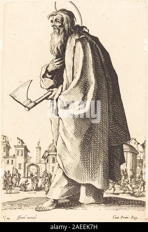 Eine Radierung von Jacques Callot, die den Heiligen Thaddeus darstellt, mit Gesten, Haltung, Kleidung und religiösen Attributen. veröffentlicht im Jahr 1631. Stockfoto