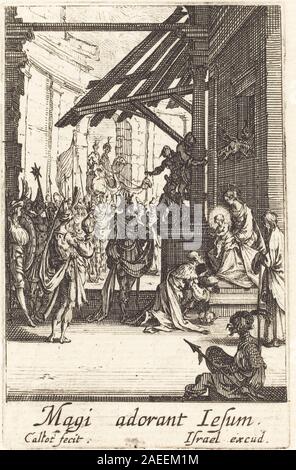 Diese Gravur von Jacques Callot, in oder nach 1630, zeigt die Anbetung der Könige, die dem Christuskind Geschenke überreichen, umgeben von Dienern. Die Komposition veranschaulicht die europäische religiöse Erzählung des frühen 17. Jahrhunderts und präzise Ätztechniken. Stockfoto