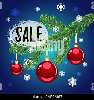 Weihnachten 50% Verkauf Flyer mit roten Verzierungen auf den blauen Hintergrund Stock Vektor